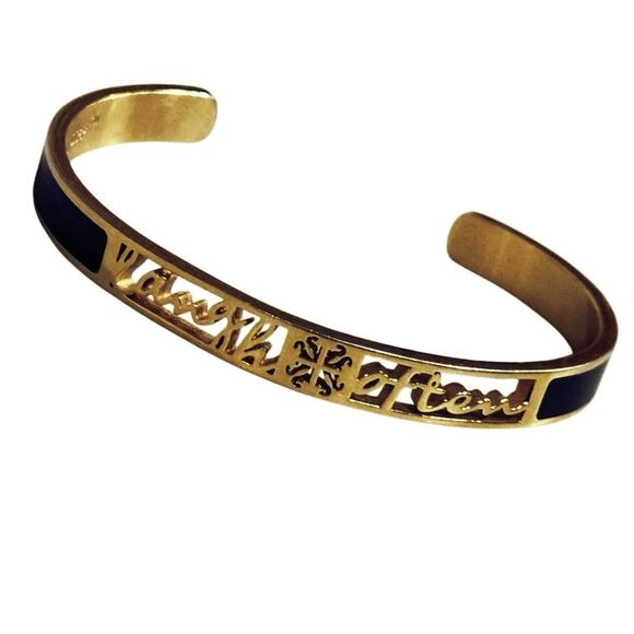 Rustic Cuff Gold & Black Enamel Inspirational Laugh Often Cuff Signed Bracelet - Picture 3 of 16